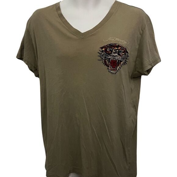 Ed Hardy V-Neck Short Sleeve Taupe Tan T-Shirt Men’s Size Medium Embroidered Tig - Picture 1 of 5